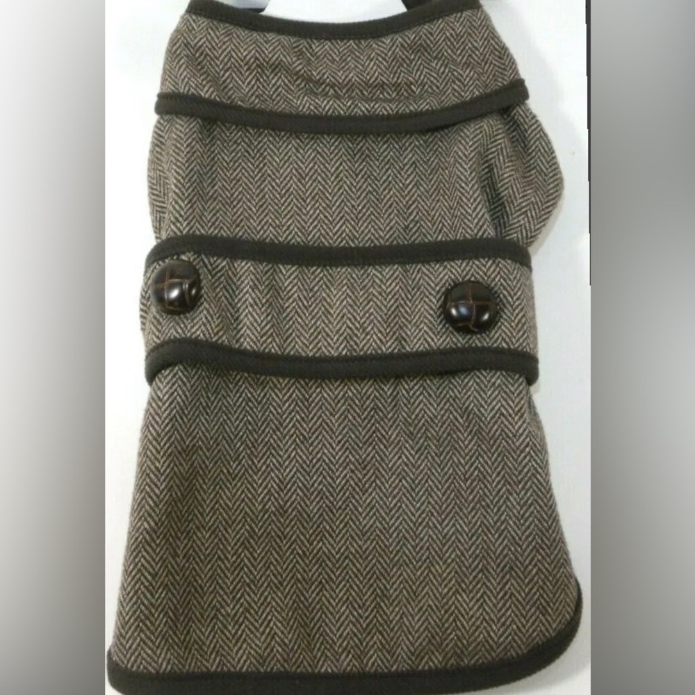 PETSHOPPE DOG Brown Herringbone Tweed Classic Basketweave Buttons Winter Coat:XS